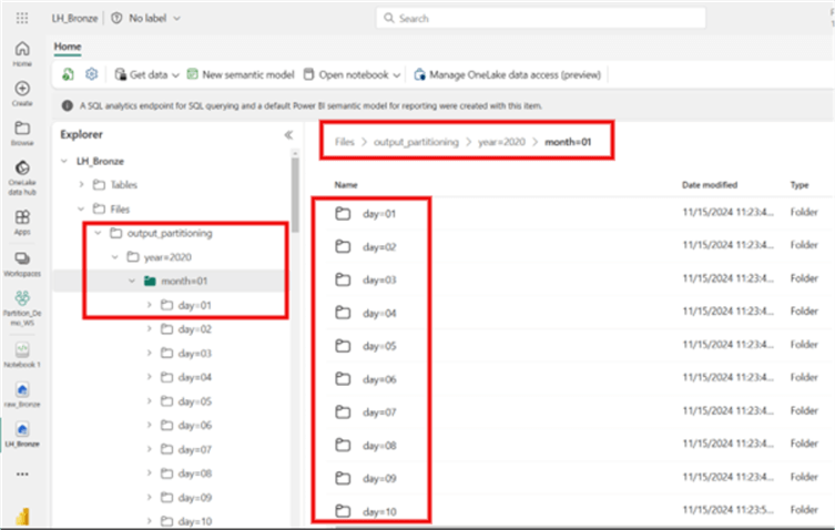 A screenshot showing partitions created in a subfolder in a MS Fabric Lakehouse 