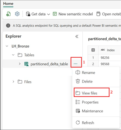 A screenshot showing how to view partitions created in a table in a MS Fabric Lakehouse 