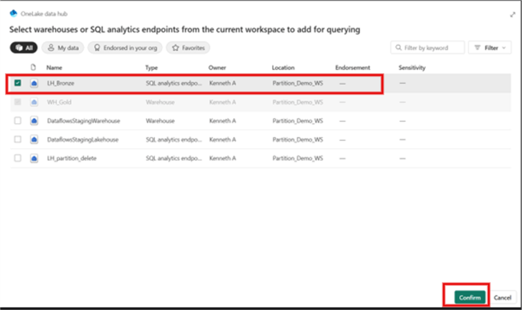 A screenshot showing how to expose a MS Fabric Lakehouse table to a Fabric Warehouse 2