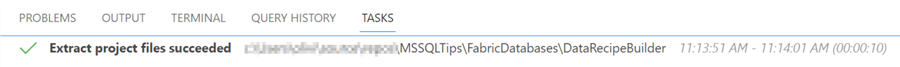 Tasks overview in Azure Data Studio that shows the progress of the SQL Database Project creation