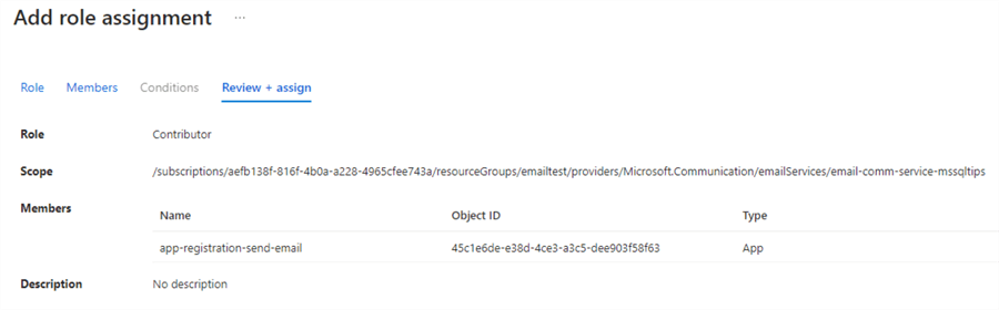 finish role assignment of app registration to contributor role