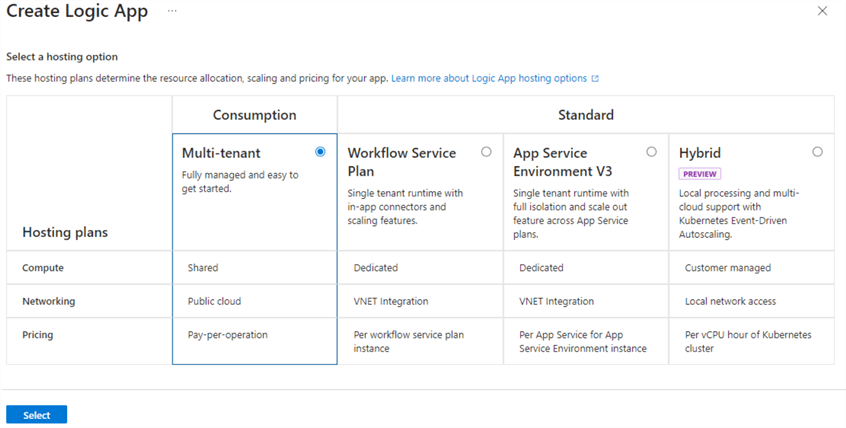 select plan for logic app