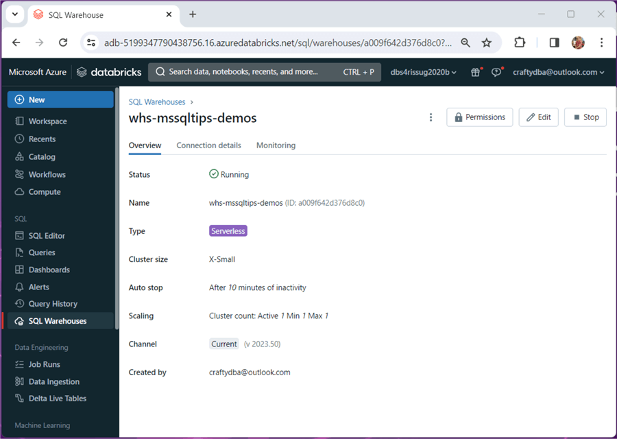 Databricks SQL Warehouse - Serverless warehouse is up and running.