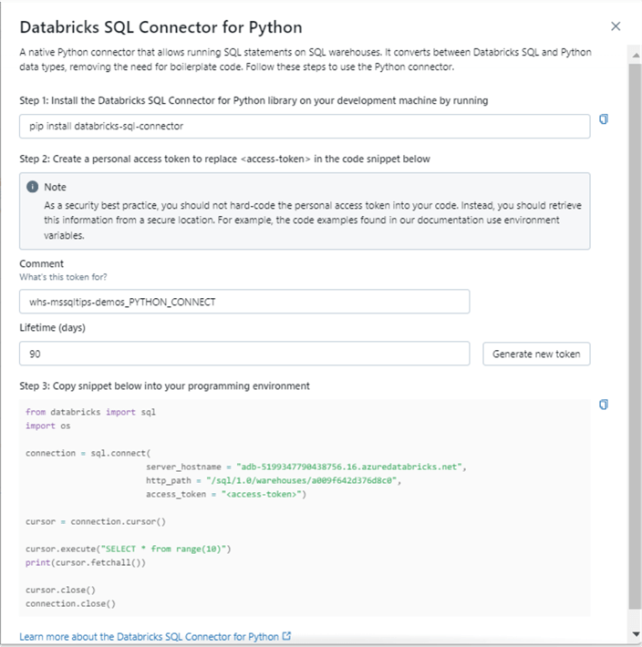Databricks SQL Warehouse - Same code for python language.