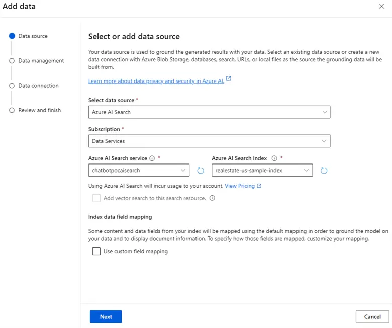 AddData Add the AI Search as data source