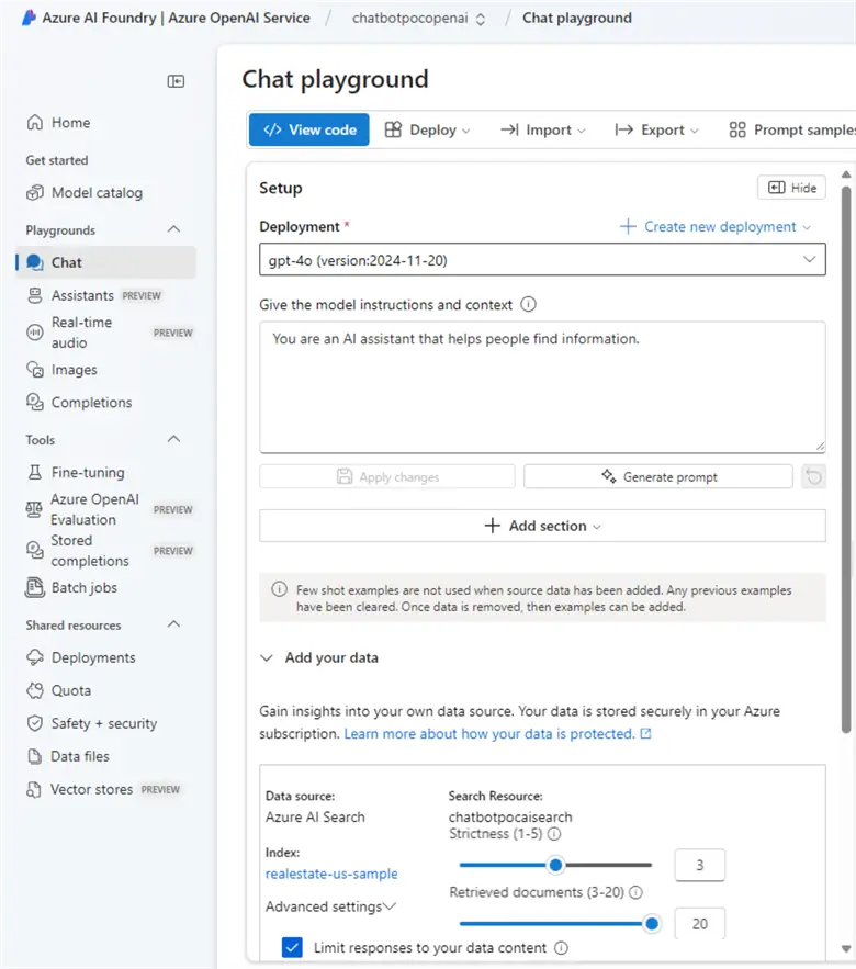 ConfiguredChatPlayground showing the chat playground setup and configured with data added