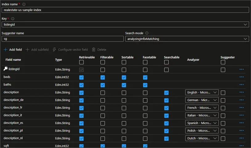 CreateIndex GUI to create index for AI search data source.