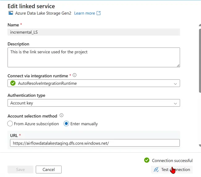 Test Connection of Linked Service