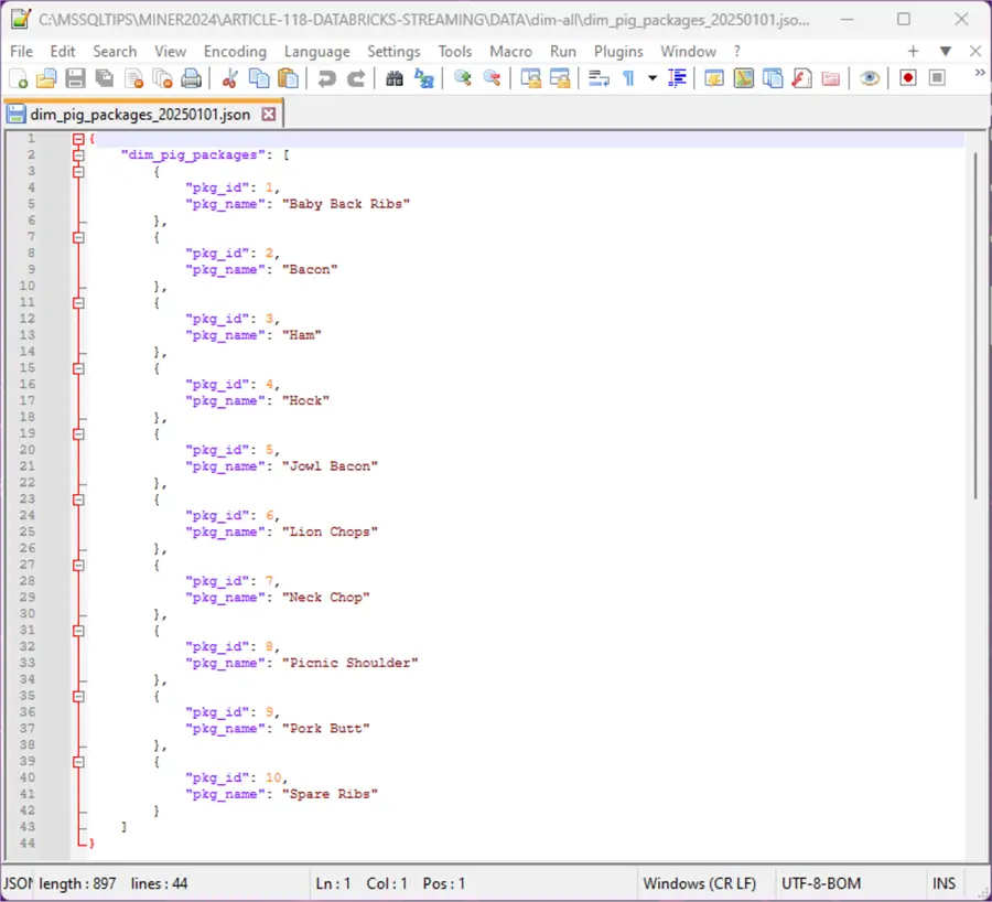 Streaming Data - dim pig packages json file.