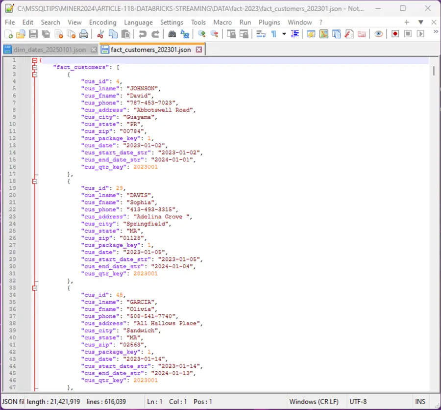 Streaming Data - fact customers json file.