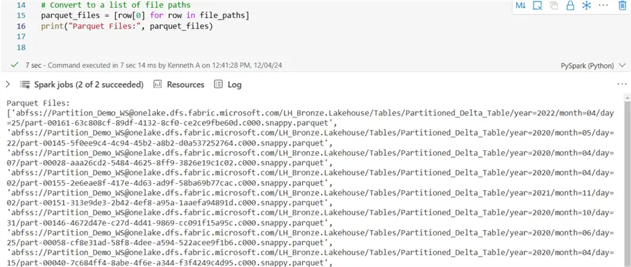 A screenshot showing the output of a PySpark code to list all physical files in a folder in MS Fabric