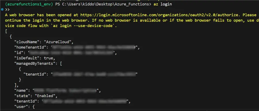 Login to Azure Portal from Terminal