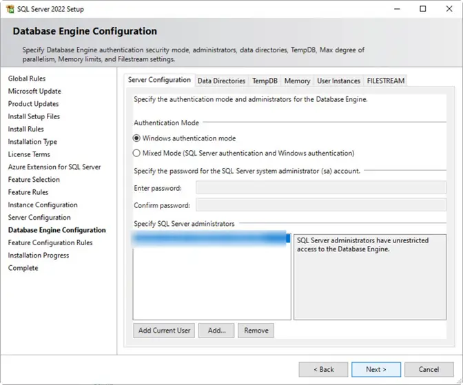Database Engine Configuration