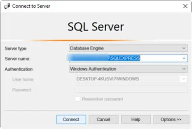 Connect to the SQL Server Express Edition in SSMS