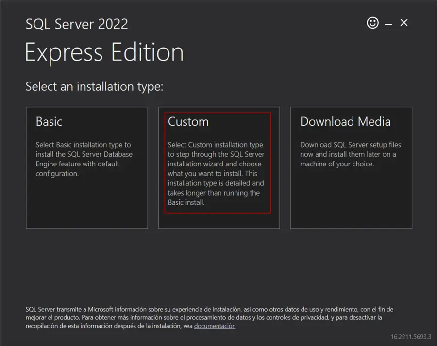 SQL Server 2022 Express Edition Select the custom option