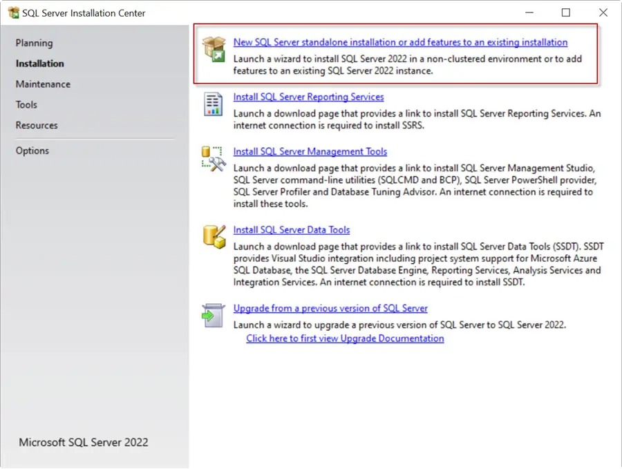 Select New SQL Server standalone installation
