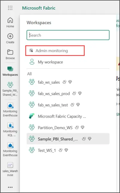 Image showing the Admin monitoring workspace in Power BI
