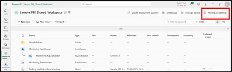 Image showing how to navigate to Workspace settings in Power BI