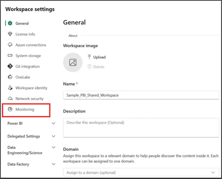 Image showing how to navigate to Workspace settings via the Monitoring section in Power BI