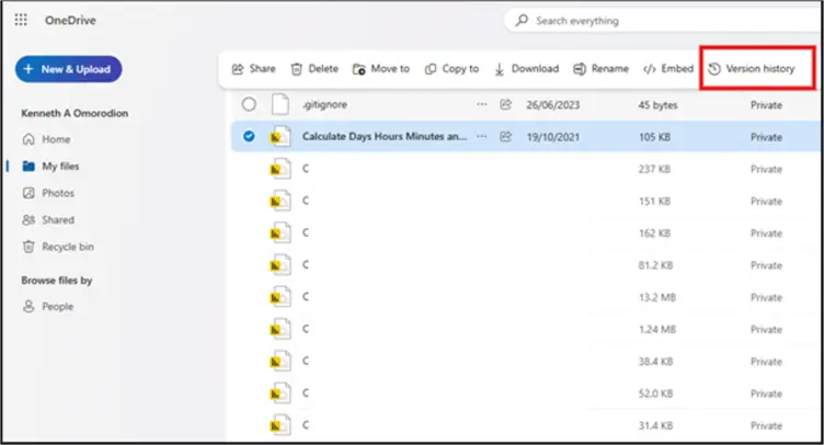 Image showing how to navigate to Version history in OneDrive