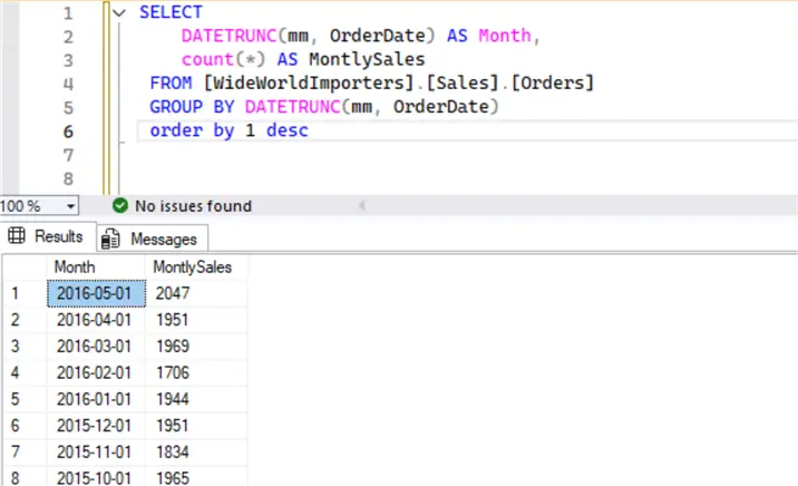 DATETRUNC() function to calculate monthly sales