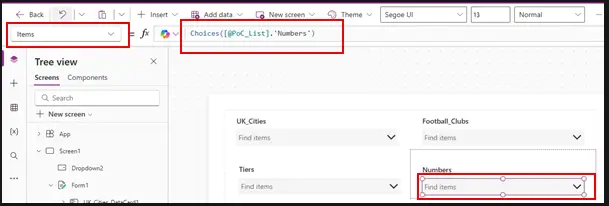 Screenshot showing current content in Items property for Numbers in a Combo box