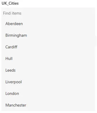Screenshot to show choice lists of UK Cities sorted in a Combo box