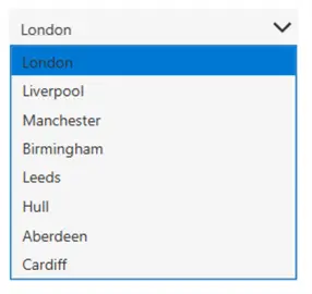 Screenshot to show choice lists of UK Cities in a Drop down