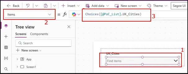 Screenshot showing current content in Items property for UK Cities in a Combo box