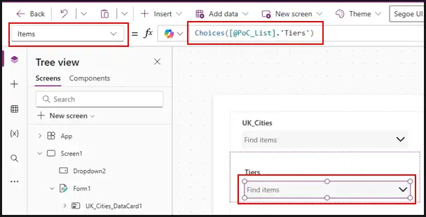Screenshot showing current content in Items property for Tiers in a Combo box
