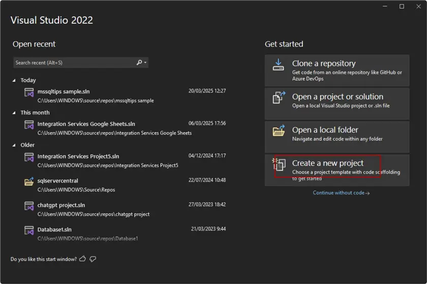 Visual Studio - create a new project