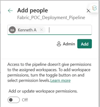 A snapshot showing how to add and give access to people to a deployment pipeline.