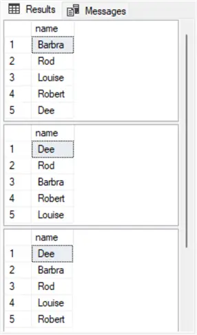 three result sets one for each of the three copies of the second select statement in the first script