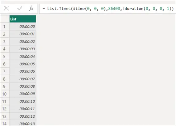 generated list of sequential time values