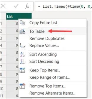 convert list to table