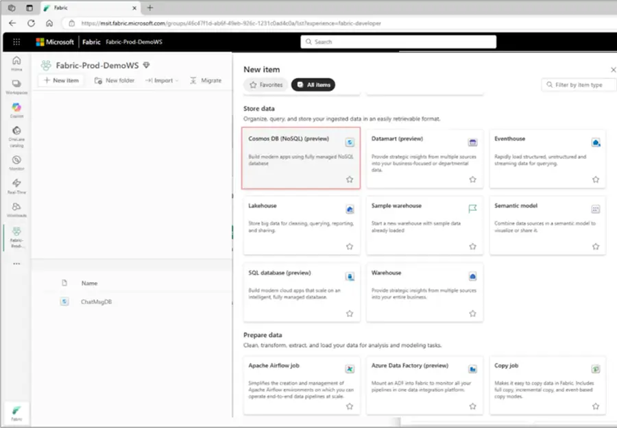 create cosmos db in fabric