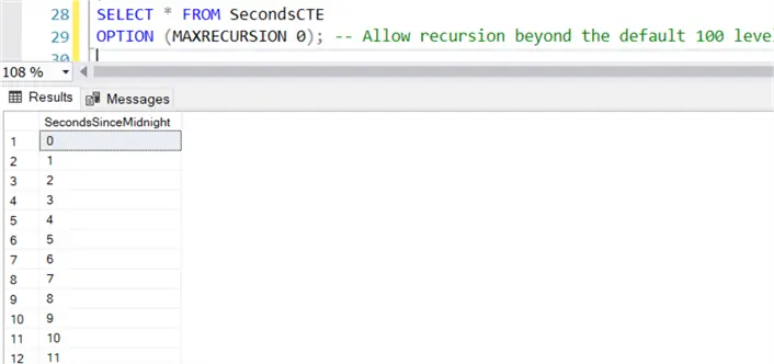numbers table generated with recursive CTE