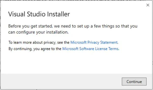 VS Installer welcome message