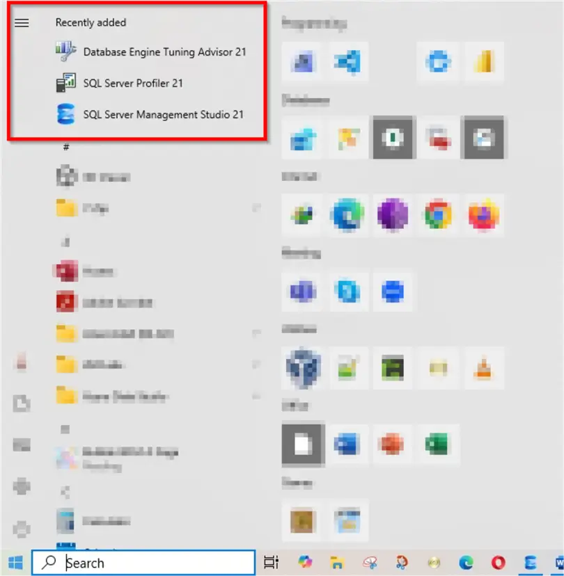 SSMS icon within the start menu