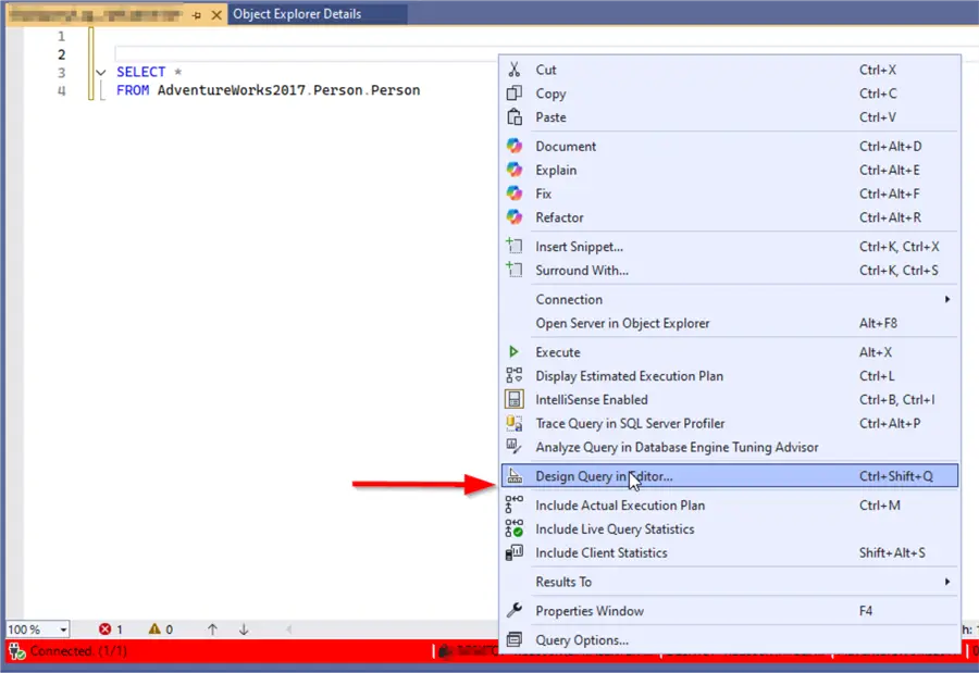 Design query in editor option