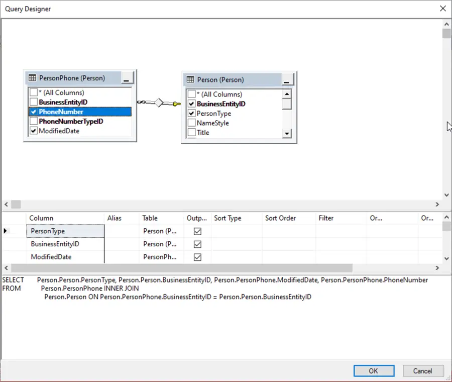 query designer dialog