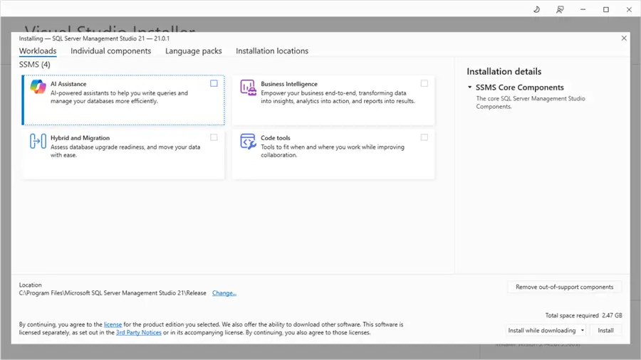VS Installer "workloads" tab