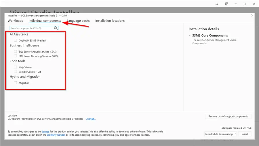 VS Installer "Individual components" tab