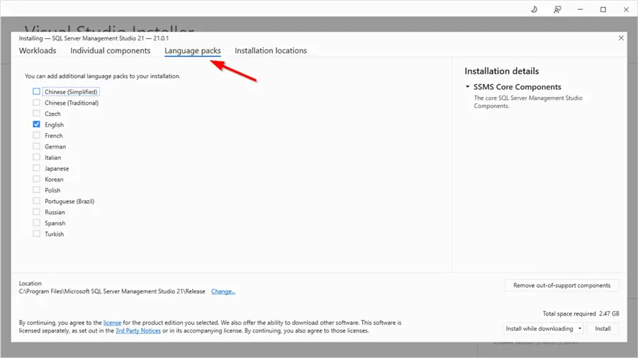 VS Installer "Language packs" tab