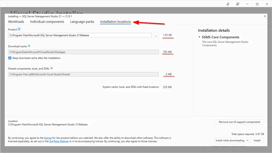 VS Installer "Installation locations" tab