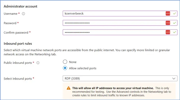 create admin account and specify port rules