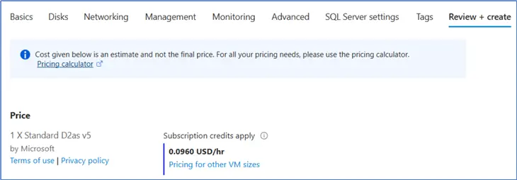 cost estimate of the vm