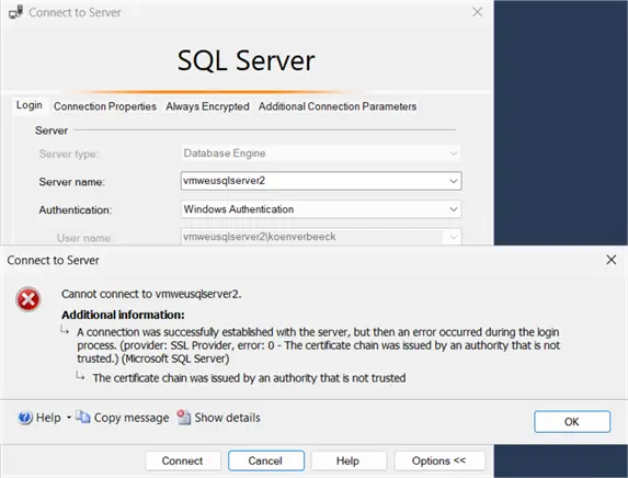 certificate chain was issued by an authority that is not trusted error ssms