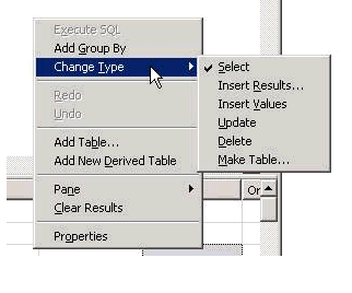 SQL Server Management Studio Query Designer Supports SELECT, INSERT, UPDATE and DELETE commands