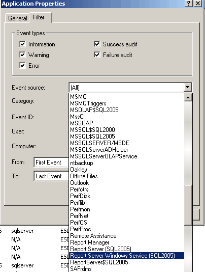 List of sources provided by Reporting Services in the Application Log